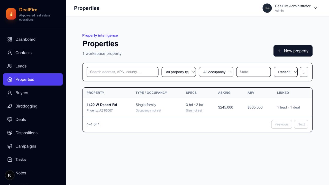 DealFire properties workspace showing investment properties and acquisition information